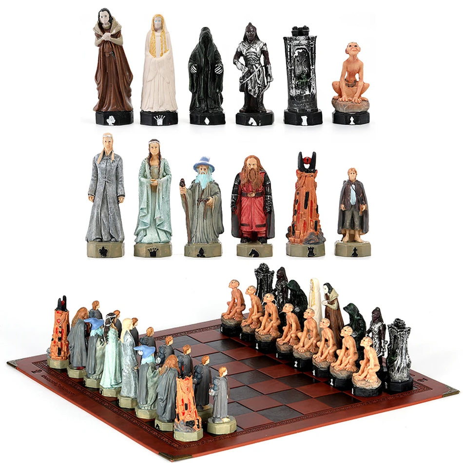 Horror Theme Chess Resin Material Hand-painted 32 Pieces with Embossed Leather Chess Board