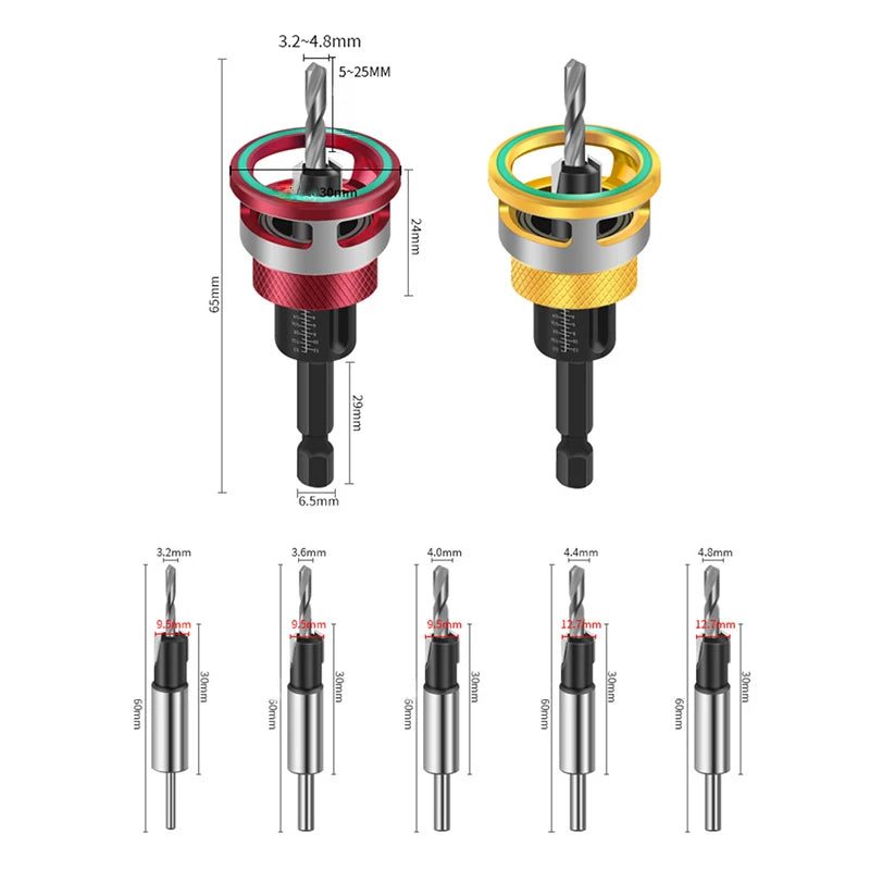 5-delers forsenkningsborsett med dybdestopp Høykvalitets stål og aluminiumslegering Multistørrelse for trebearbeidingsboring