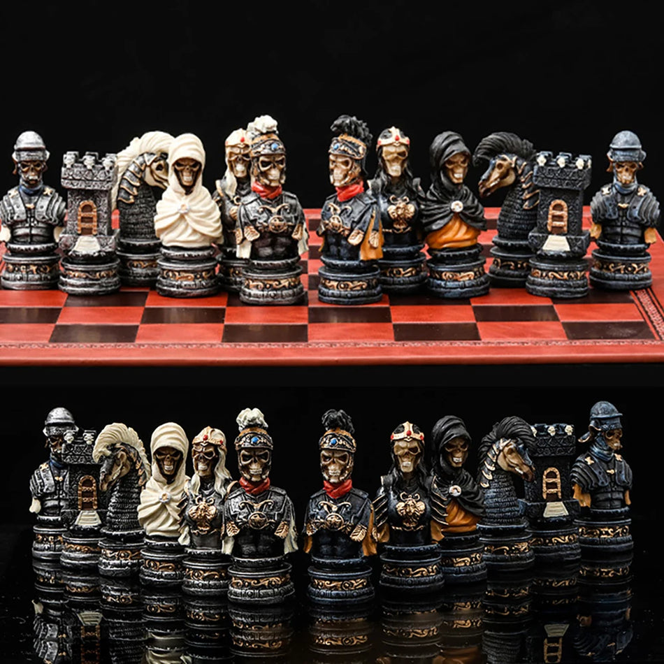 Horror Theme Chess Resin Material Hand-painted 32 Pieces with Embossed Leather Chess Board