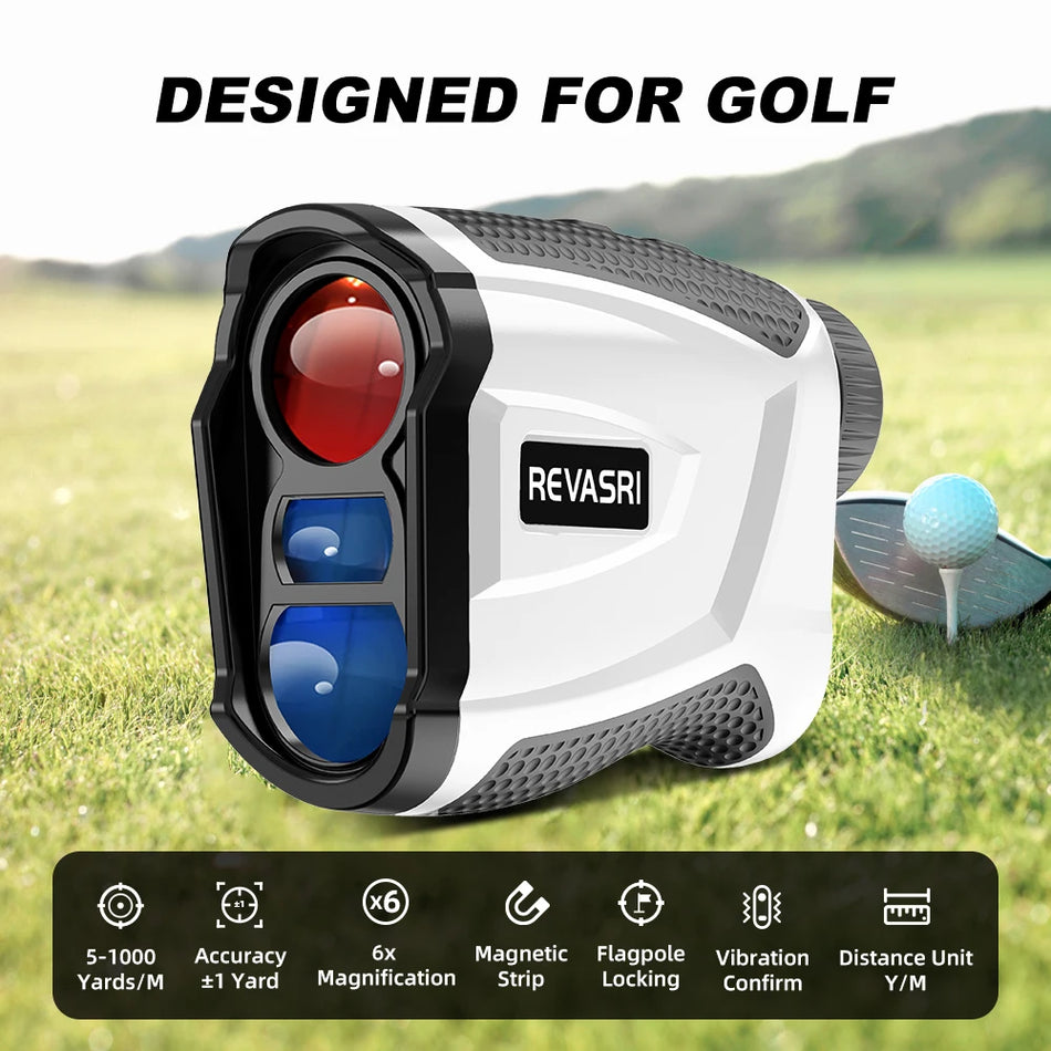 REVASRI 1090 yards golfavstandsmåler med flagglås, vibrasjon og hellingskompensasjon, magnetisk sugeevne, enkel å bære for golfspiller