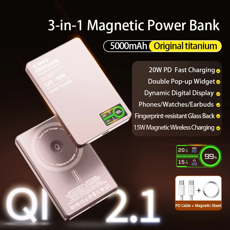 3-i-1 magnetisk powerbank med batteri, QI, 15W trådløs hurtiglading og intelligent LCD-skjerm for iPhone 12-17 Pro, Watch og Airpods