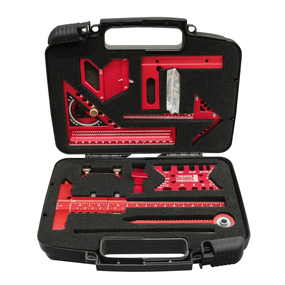 9 stk. trebearbeidingsfirkantsett aluminiumslegering CNC-verktøy multifunksjonelt linjalsett senterfinner kompass honingguide høydemåler
