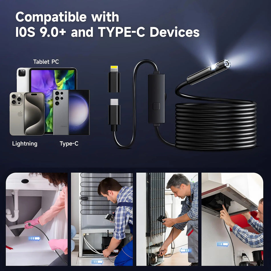 Single/Dual Lens Endoscope Camera For iPhone iPad IOS & Android Type-c Led Light IP67 Borescope Inspection Camera