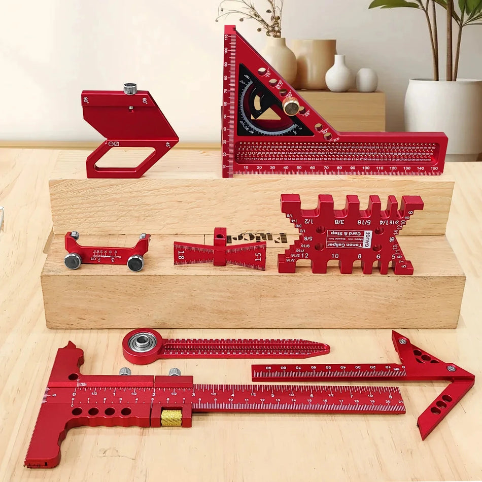 9 stk. trebearbeidingsfirkantsett aluminiumslegering CNC-verktøy multifunksjonelt linjalsett senterfinner kompass honingguide høydemåler
