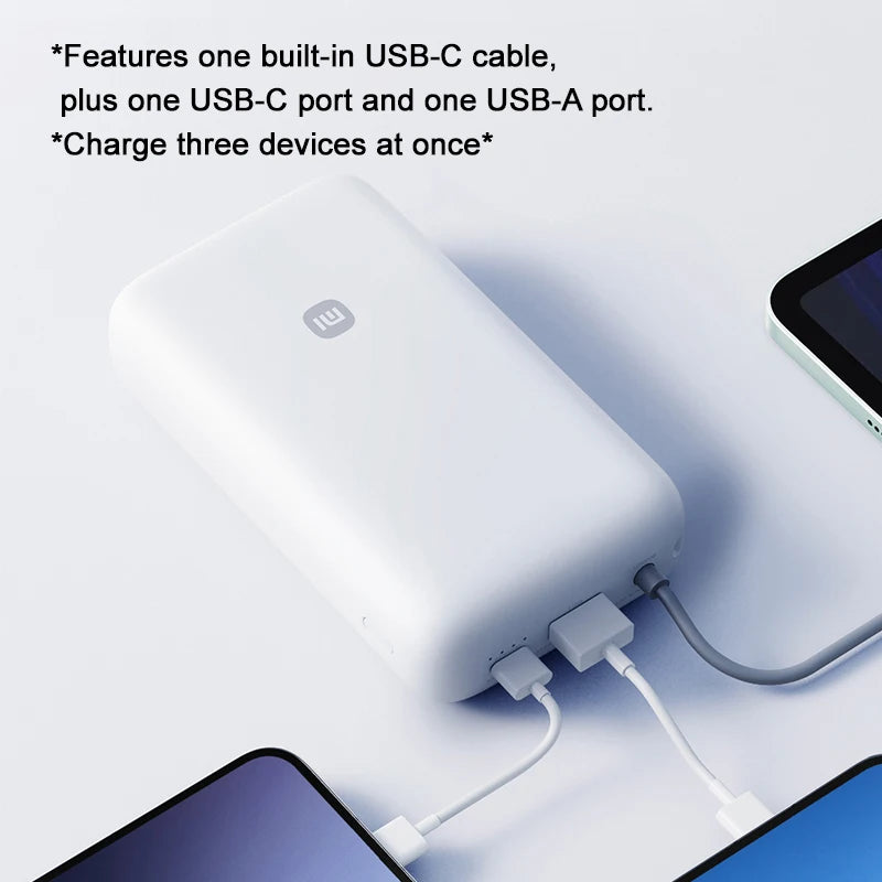 XIAOMI 20000mAh 22,5W powerbank med innebygd USB-C-kabel, 3-porters hurtiglading, dobbel inngang/utgang, for iPhone 15 16 Pro Max