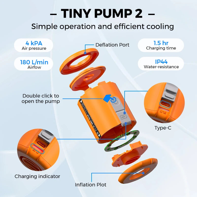 FLEXTAIL TINY PUMP 2 - Elektrisk luftpumpe 4 kPa Bærbar campingpumpe for luftmadrasser, liggeunderlag, vakuumpose, bassengflåter