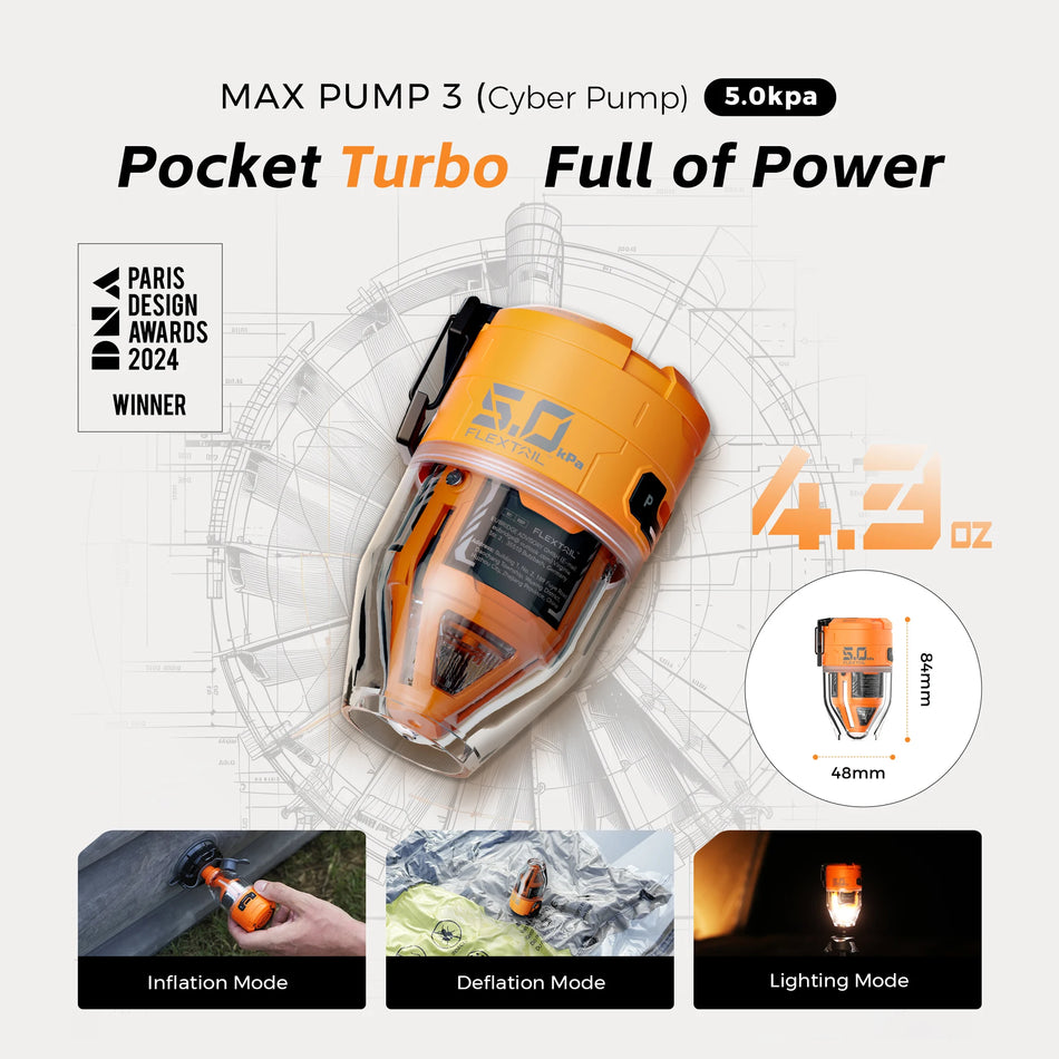 FLEXTAIL MAX PUMP 3 - Elektrisk luftpumpe, bærbar campingpumpe med 3-trinns omgivelseslys for luftmadrass, liggeunderlag, vakuumpose