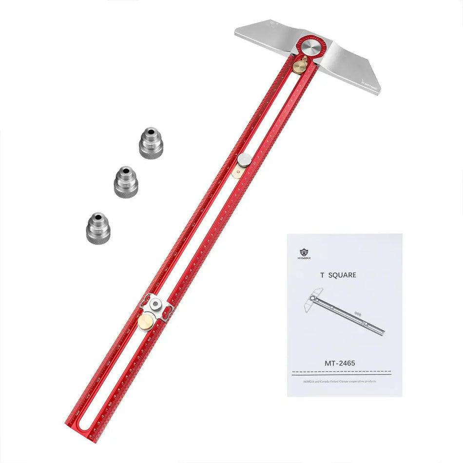 HONGDUI MT-2465 Trebearbeidingslinje Rispen Markering T-firkantet linjal Aluminiumslegering Hullposisjonering Markeringsmåler
