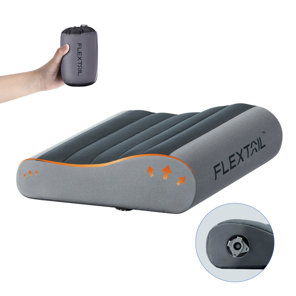 FLEXTAIL ZERO PILLOW – Ergonomisk oppblåsbar pute med dobbel støtte for reise og hjem, lett, vaskbar, ultrastille