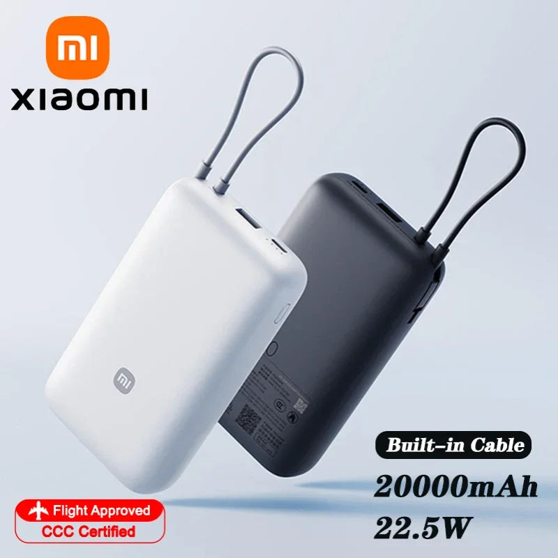 XIAOMI 20000mAh 22,5W powerbank med innebygd USB-C-kabel, 3-porters hurtiglading, dobbel inngang/utgang, for iPhone 15 16 Pro Max